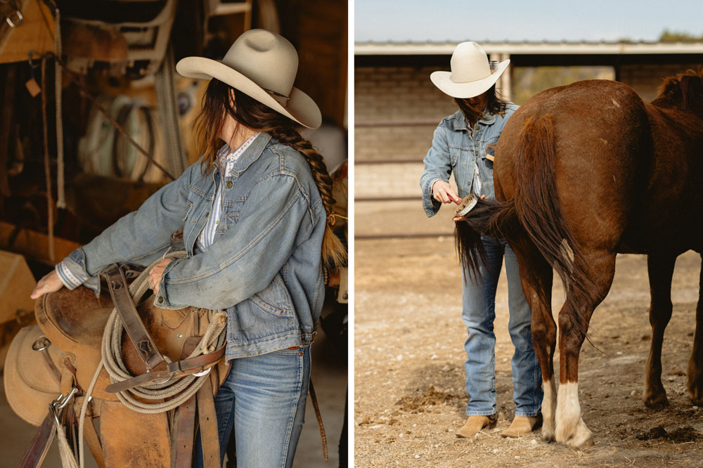 A photo montage of woman preparing to ride a horse.